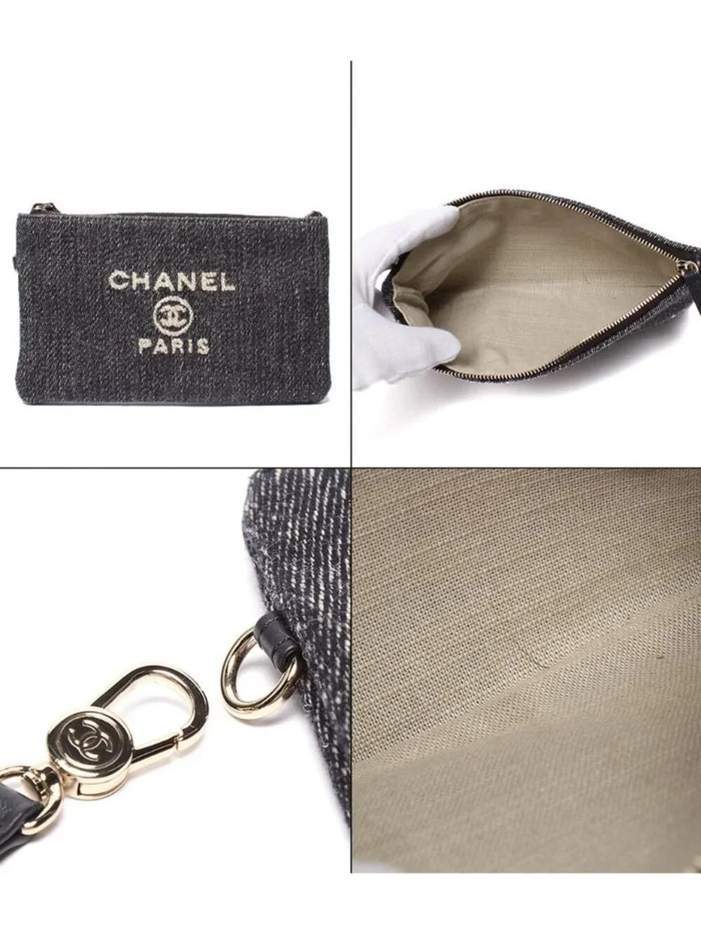 Chanel Chain Shoulder Bag Handle Denim Gold Deauville MM